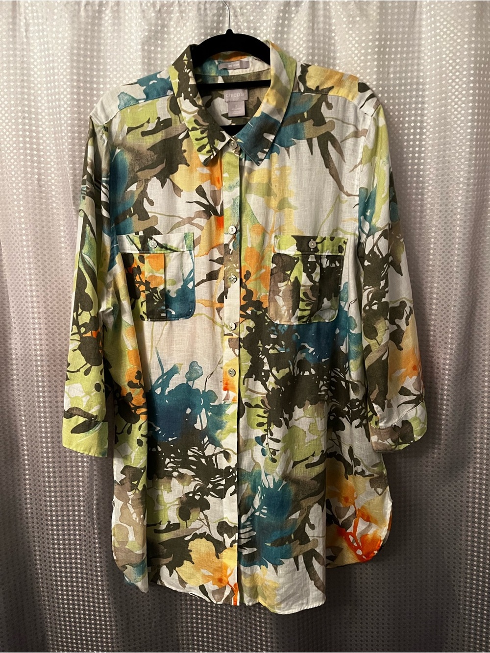 Chico's Multicolor Abstract Print No Iron Linen Shirt